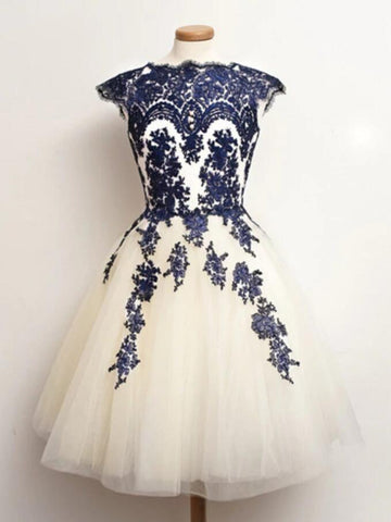 Short White And Navy Junior Lace Prom Dress REAL011