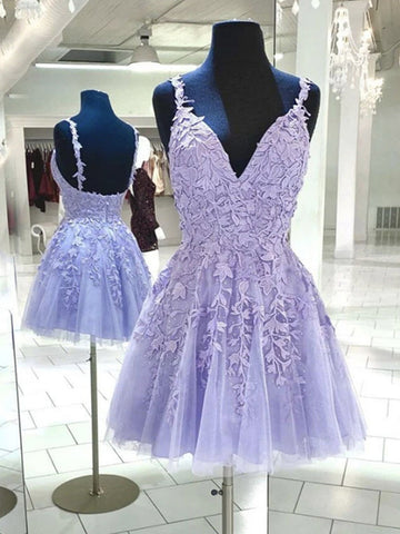Lilac Short V Neck Junior Lace Prom Dress REAL013