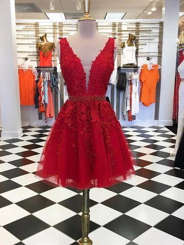 Junior V Neck Short Red Lace Prom Dress REAL016