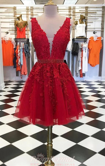 Junior V Neck Short Red Lace Prom Dress REAL016