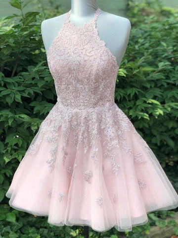 Short Halter Neck Pink Lace Prom Dress REAL022