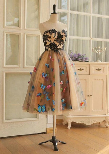 Short Tea Length Champagne Floral Prom Dress REAL024