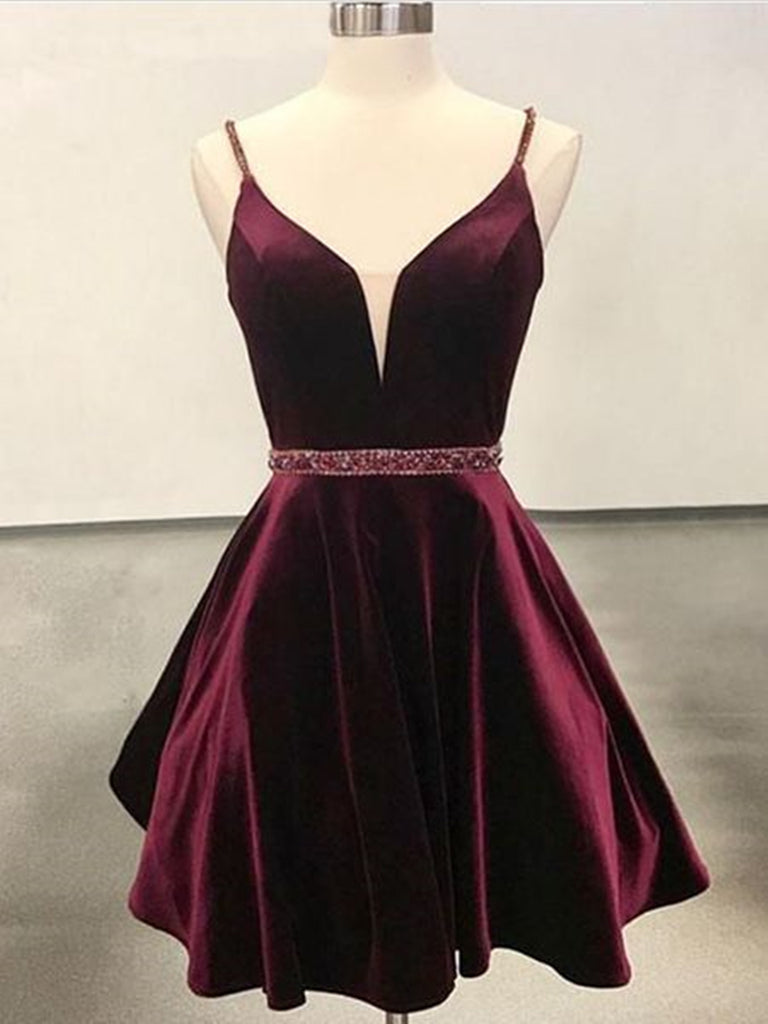V Neck Short Burgundy Junior Prom Dress REAL040
