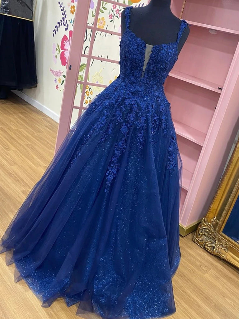 Princess Dark Blue Lace Beading Prom Dress REALS042