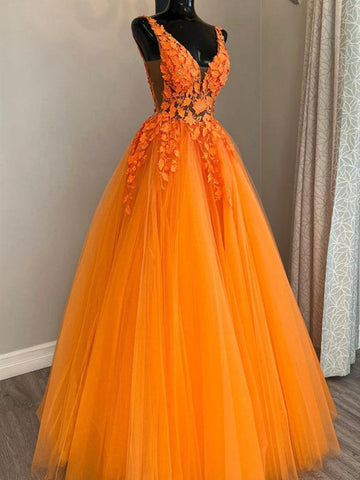 V Neck Orange Lace Prom Dress REALS049