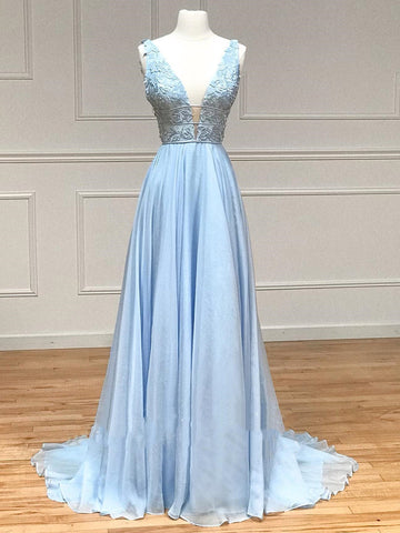 Light Blue V Lace Lace Formal Graduation Dress REALS054