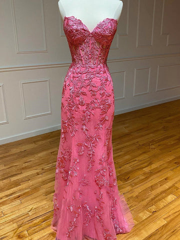 Sweetheart Pink Mermaid Lace Prom Dress REALS055