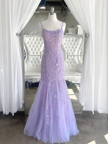 Purple Mermaid Lace Long Prom Dress REALS057