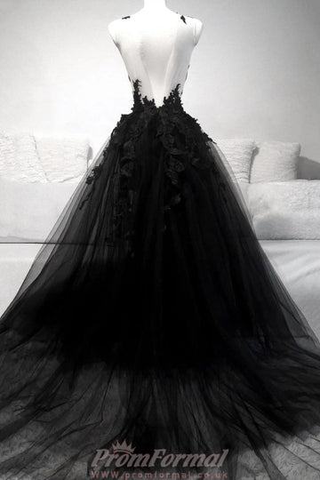 Black Lace Floral Flowers Prom Dress REALS063