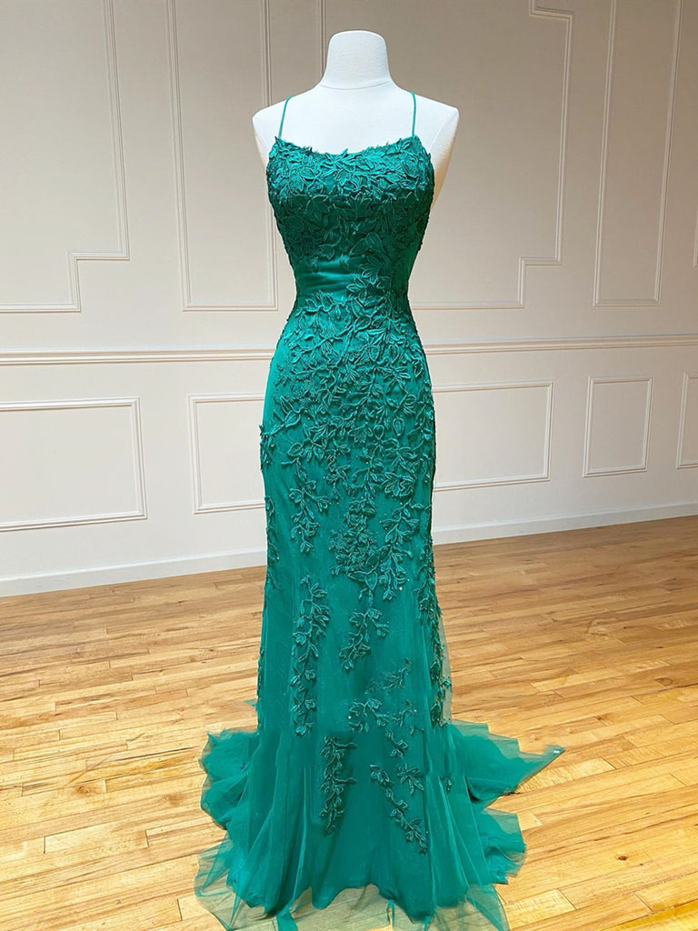 Turquoise Green Mermaid Lace Prom Dress REALS065
