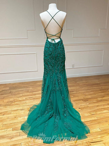 Turquoise Green Mermaid Lace Prom Dress REALS065