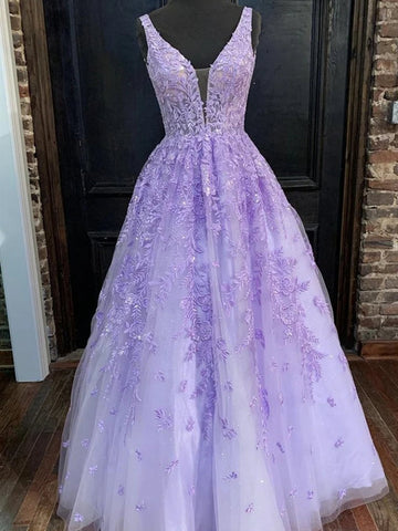 V Neck Purple Lace Prom Dress REALS067