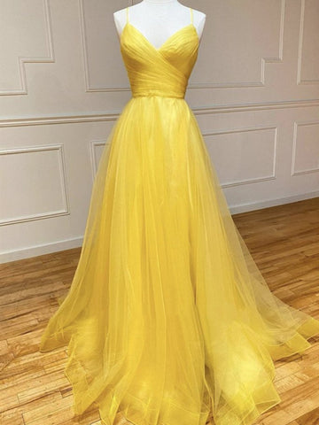 V Neck Yellow Long Prom Dress REALS069