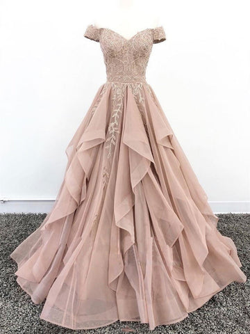 Off The Shoulder Dusty Pink Lace Prom Dress REALS073