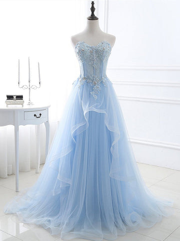 Sweetheart Blue Lace Prom Dress REALS075