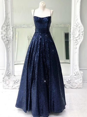 Sequins Navy Blue Long Formal Evening Dress REALS076