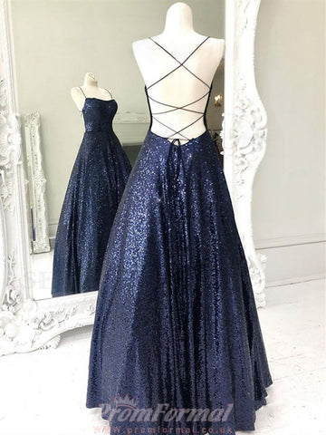 Sequins Navy Blue Long Formal Evening Dress REALS076