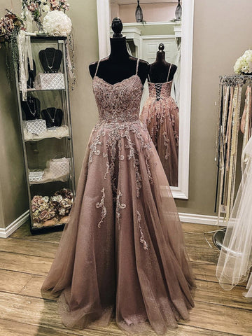 V Neck Chocolate Lace Prom Dress REALS077