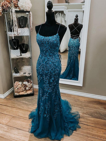 Ink Blue Mermaid Lace Prom Dress REALS081