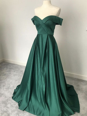 Off The Shoulder Dark Green Satin Prom Dress REALS097