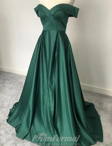 Off The Shoulder Dark Green Satin Prom Dress REALS097