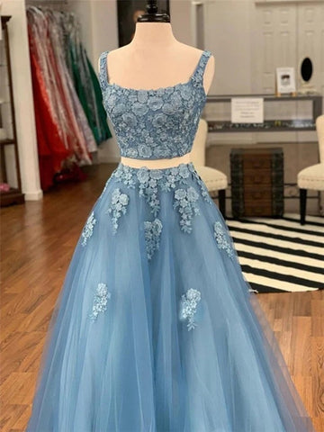 Two Pieces Blue Lace Prom Dress REALS098
