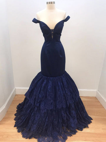 Navy Blue Mermaid Lace Formal Evening Dress REALS103