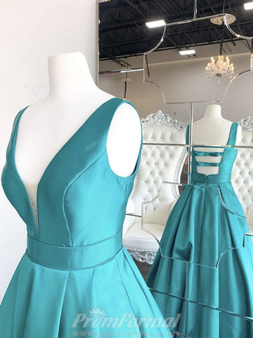 A Line V Neck Turquoise Satin Long Prom Dress REALS104