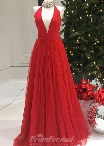 A Line V Neck Red Long Prom Dress REALS106