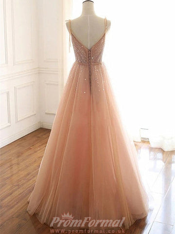 V Neck Champagne Tulle Prom Dress REALS107