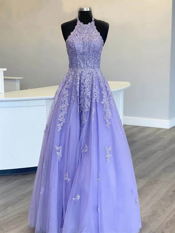 Princess Halter Neck Purple Long Lace Prom Dress REALS110