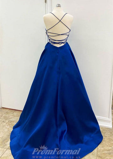 A Line Straps V Neck Royal Blue Satin Prom Dress REALS115