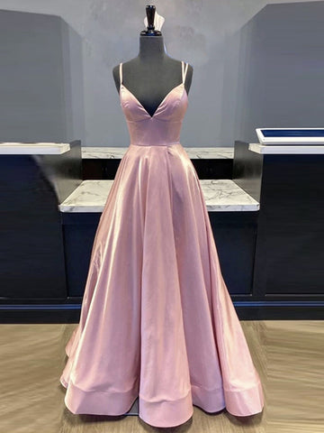 A Line V Neck Pink Satin Long Prom Dress REALS116