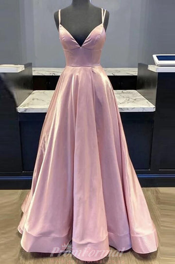 A Line V Neck Pink Satin Long Prom Dress REALS116
