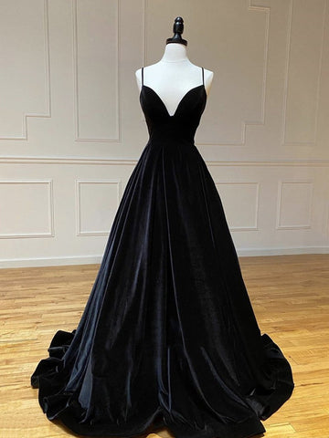 A Line Black Velvet Long Prom Dress REALS119