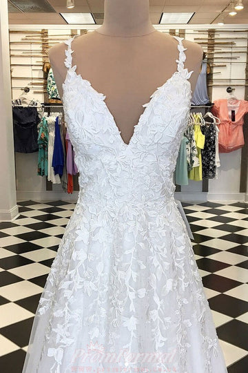A Line V Neck White Lace Prom Dress REALS125