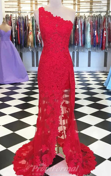 Sheath/Column One Shoulder Red Lace Prom Dress REALS126