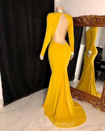 Yellow Long Sleeve Open Back Mermaid Evening Dress REALS137