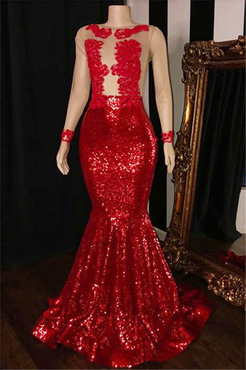 Red Long Sequins Mermaid Sheer Evening Dress REALS139