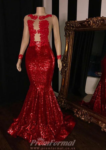 Red Long Sequins Mermaid Sheer Evening Dress REALS139