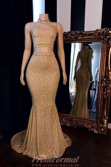 Champagne Sequins Two piece Long Mermaid Prom Dress REALS140