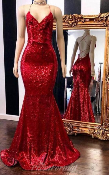 Red Sexy V neck Straps Sequins Mermaid Long Prom Dress REALS146