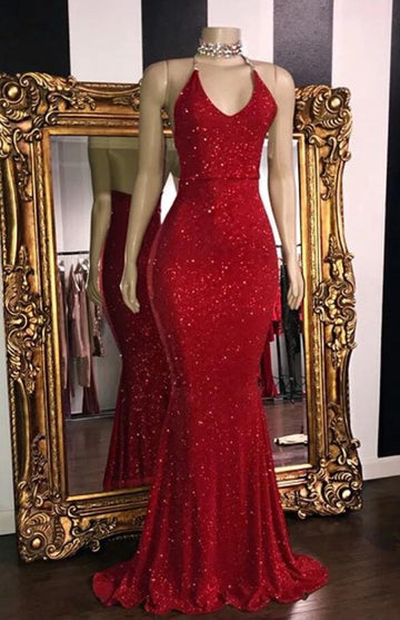 Red Mermaid V neck Halter Prom Dress REALS148