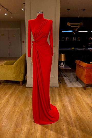 High Neck Long Sleeve Red Evening Dress REALS149