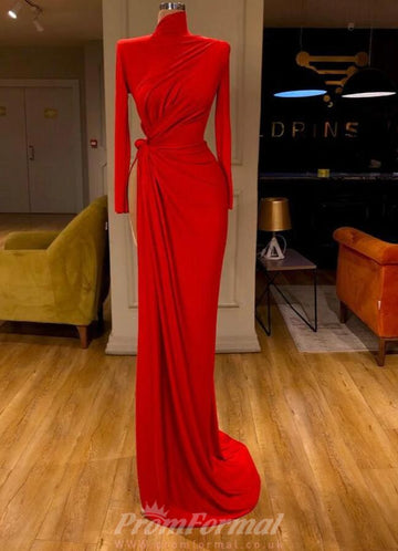 High Neck Long Sleeve Red Evening Dress REALS149