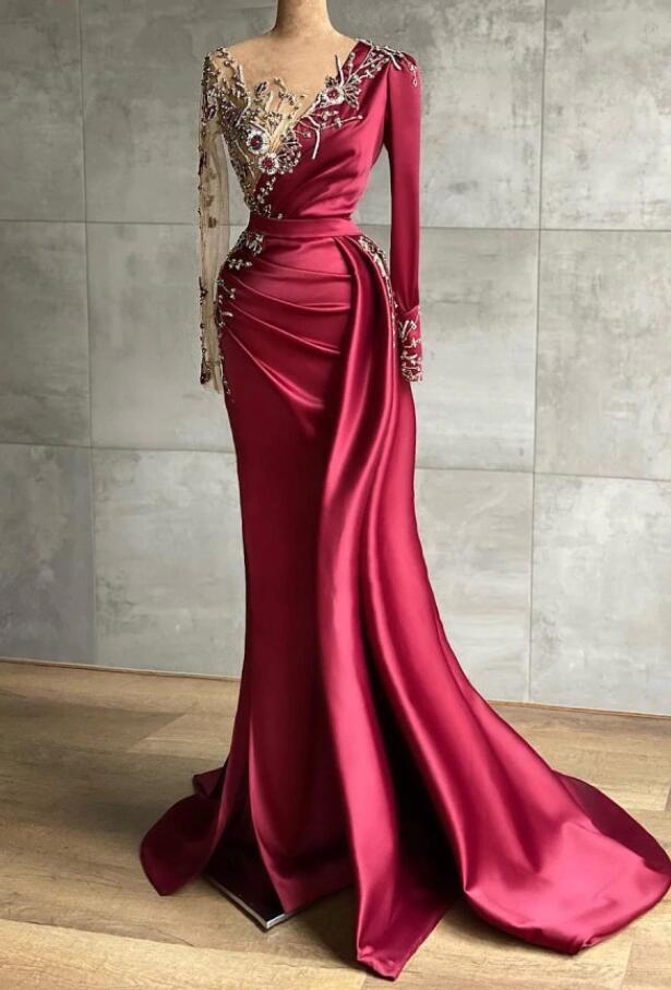 Burgundy Long Sleeves Mermaid Evening Dress REALS151