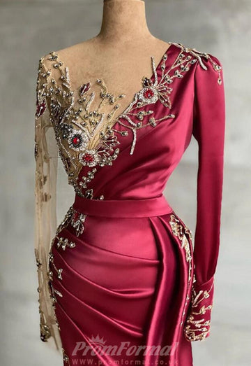 Burgundy Long Sleeves Mermaid Evening Dress REALS151