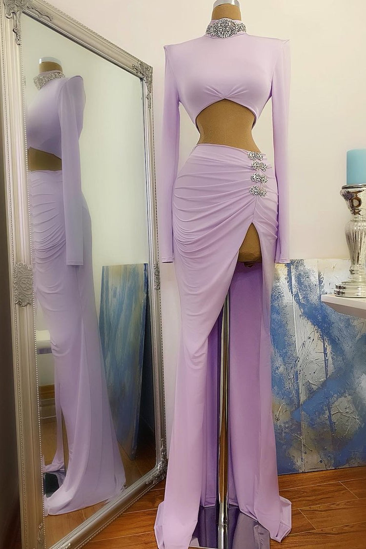 Pink Split Long Sleeve Sexy Evening Dress Mermaid High Neck REALS156