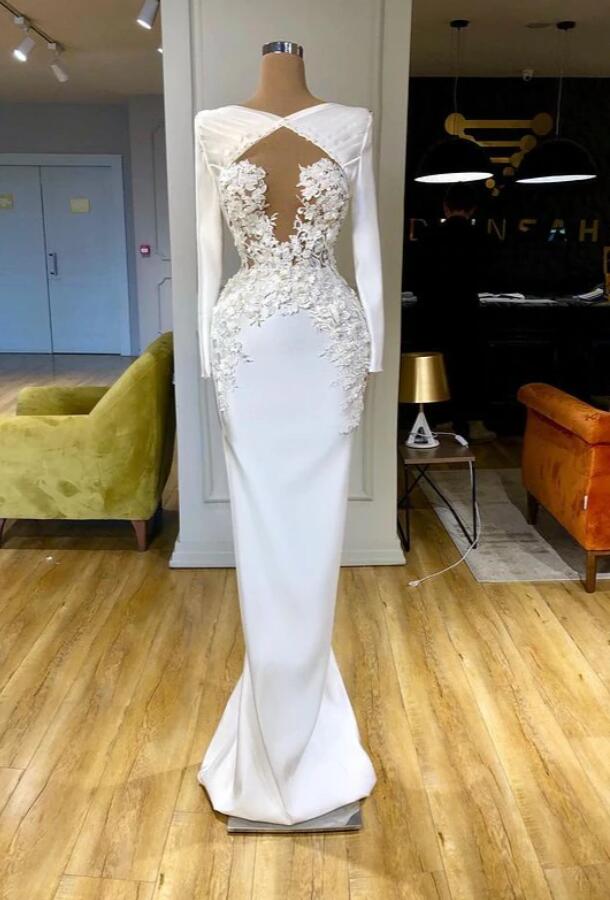 White Long Sleeves Lace Appliques Mermaid Evening Dress REALS159