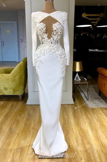 White Long Sleeves Lace Appliques Mermaid Evening Dress REALS159